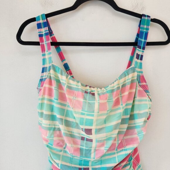 Talbots Pink Teal Geometric One-Piece Swimsuit Bathing Suit Slimming Size 12 - Picture 3 of 9